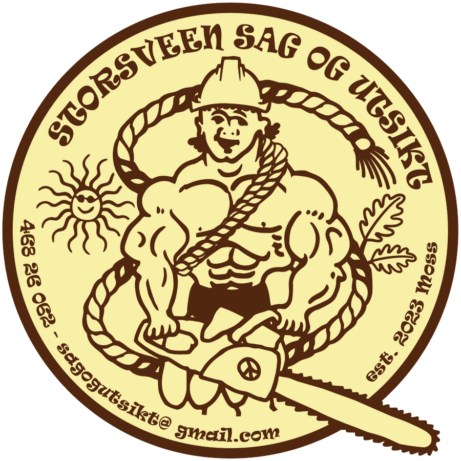 Storsveen Sag og Utsikts logo: en klatrer med hjelm, tau og motorsag